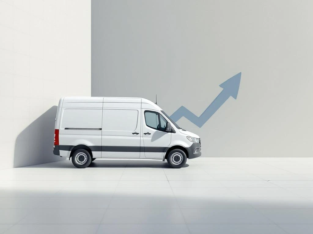 Witte bedrijfswagen onder 45 graden hoek met blauwe pijl omhoog, kosteneffectiviteit symboliserend op minimale achtergrond