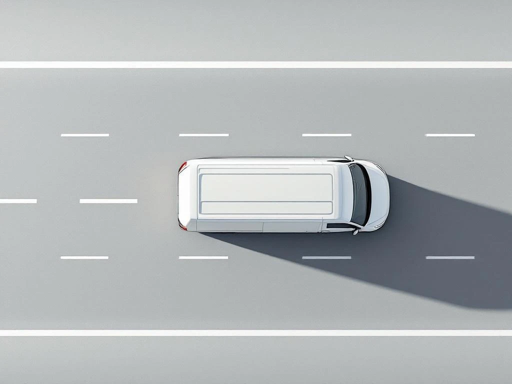 Witte bestelwagen van bovenaf met maatschaal en wegmarkeringen op grijze ondergrond