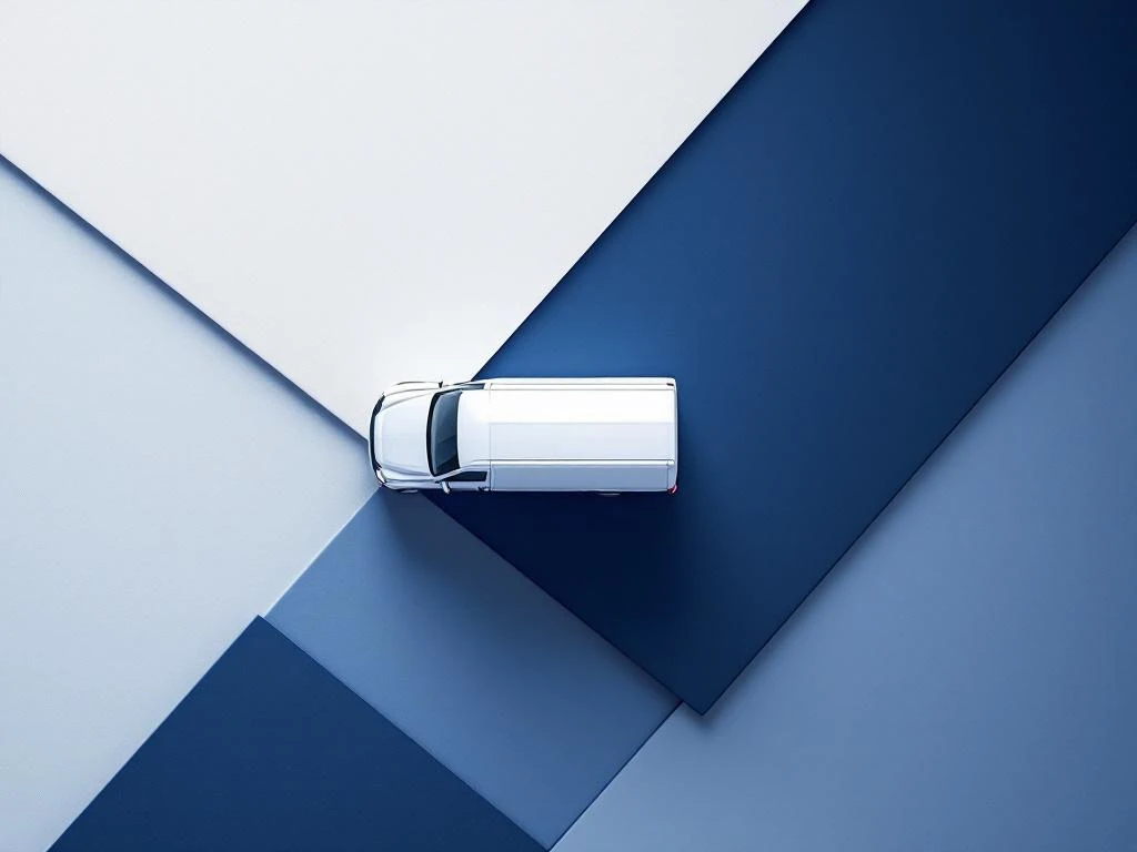 Witte bestelwagen van bovenaf op marineblauw en wit oppervlak met 100% symbool voor belastingaftrek