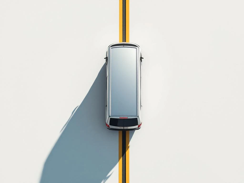 Zilveren bestelwagen van bovenaf gezien op wit asfalt met gele wegmarkeringen en scherpe schaduw