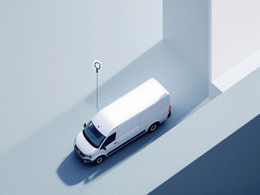 Witte bestelwagen met sleutelpictogram voor huurkoop, bovenaanzicht met moderne zakelijke vormgeving