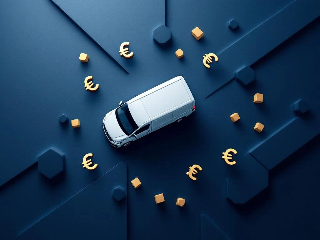 Witte bestelwagen van bovenaf omringd door eurosymbolen en kostenvisualisaties op geometrische achtergrond