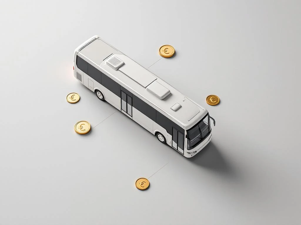 Witte touringcar van bovenaf met euromuntjes en valutasymbolen op grijze ondergrond met routelijnen