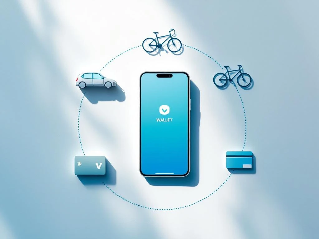 Smartphone met digitale portemonnee-interface omringd door vervoersiconen: auto, fiets en OV-kaart in cirkel