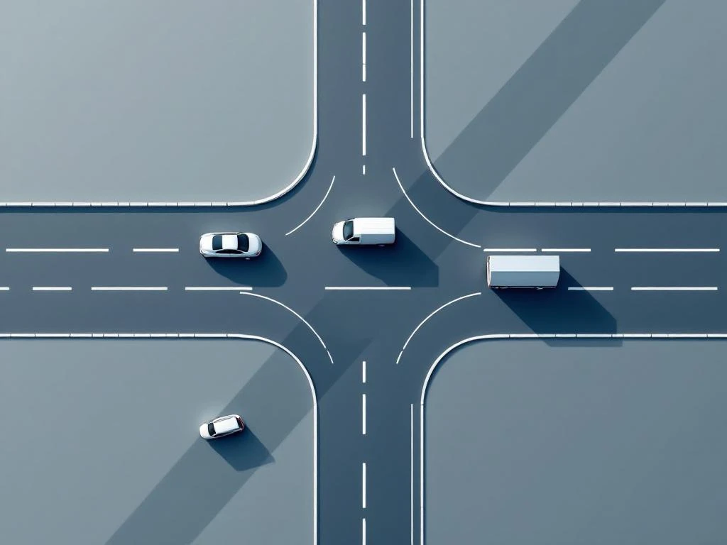 Luchtfoto van snelwegkruising met drie voertuigen in minimalistische stijl met geometrische lijnen