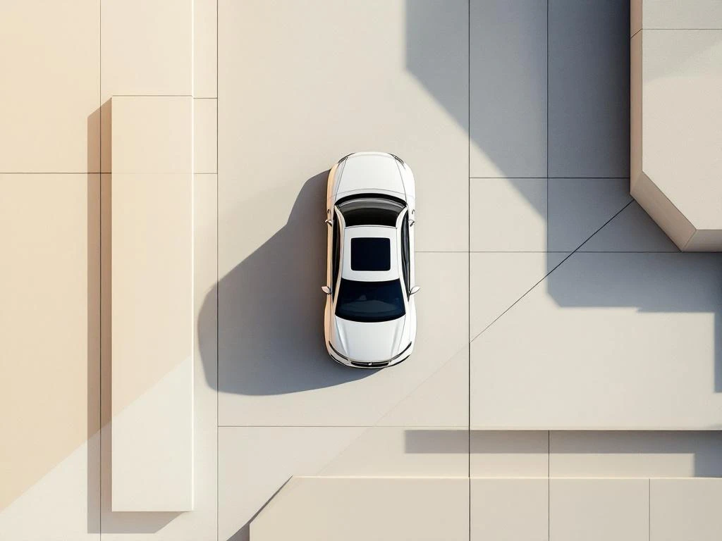 Witte luxe sedan van bovenaf op geometrisch grid, symboliseert betrouwbare autoverhuur met strak minimalistisch design