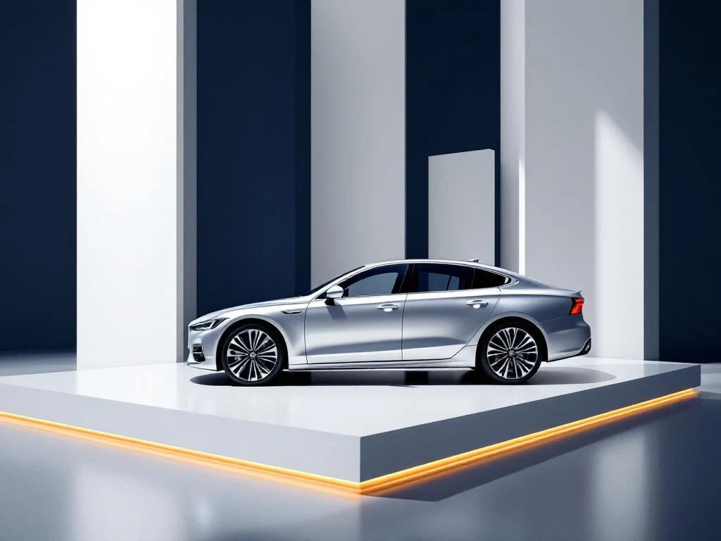 Zilveren luxe sedan op wit platform met vergelijkingsgrafieken op de achtergrond