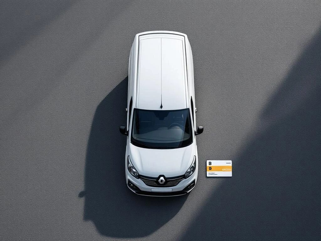 Witte Renault Trafic bestelbus van bovenaf met Nederlands B-rijbewijs op asfalt, minimalistisch gecomponeerd