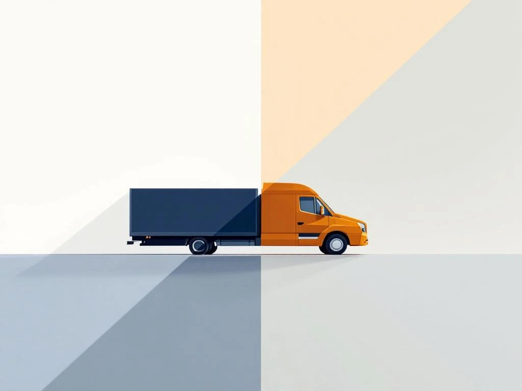 Diagonaal gesplitst scherm met marineblauwe bestelwagen links en amberkleurige auto rechts, verbonden door pijlen