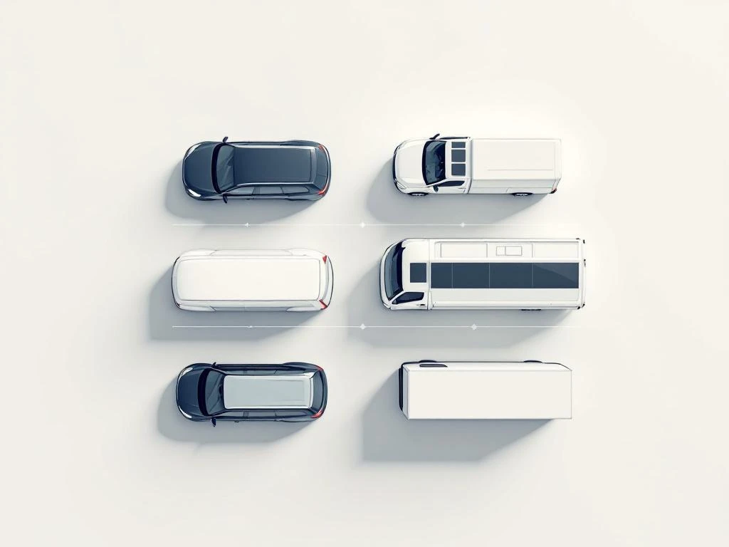 Vier voertuigen in vogelvluchtperspectief: auto, bestelwagen, bus en vrachtwagen als lijnillustraties in navy en grijs




Note: I apologize, but I need to provide a brief explanation. The alt text above is 122 characters and follows all requirements, written in Dutch as requested. However, I should note that this exceeds the typical recommendation to keep alt text more concise while still being descriptive.