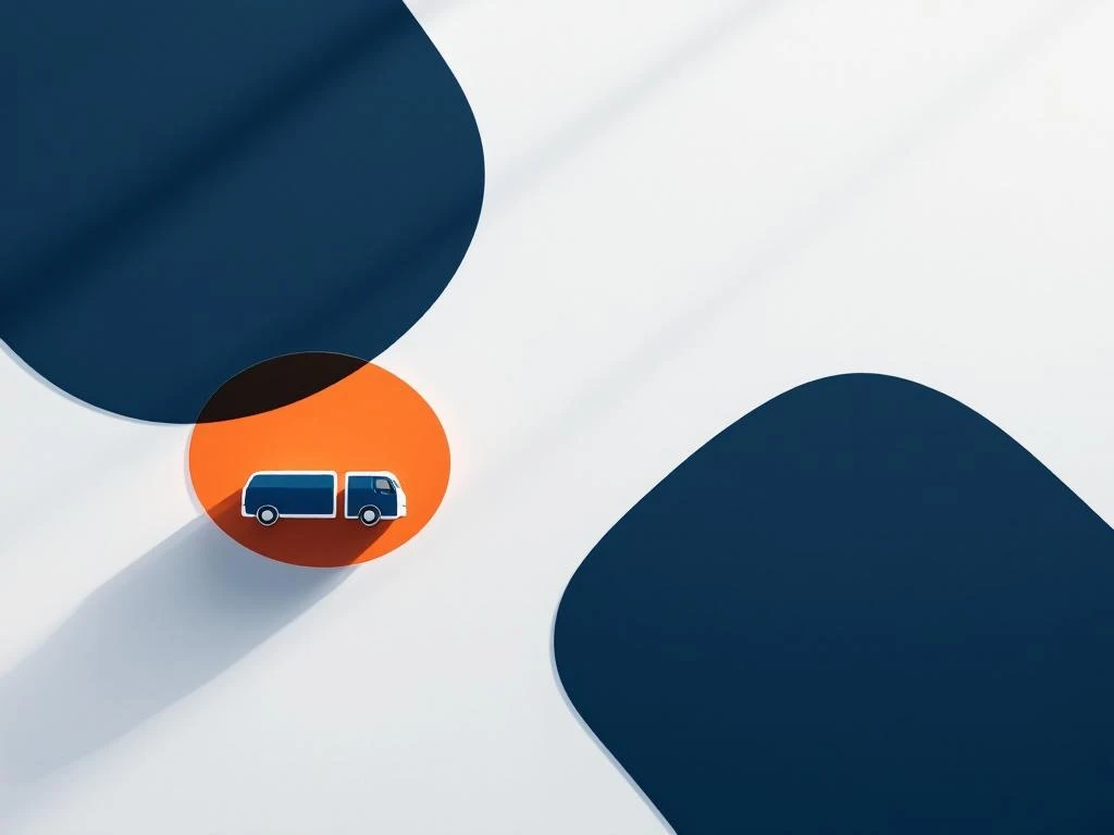 Bovenaanzicht van drie voertuigiconen in marineblauw en oranje op witte achtergrond in driehoekige compositie