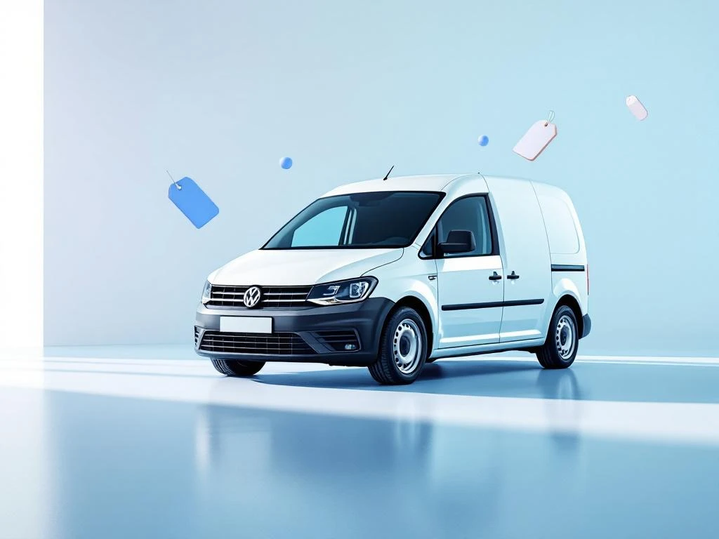 Witte Volkswagen Caddy bestelauto in driekwart aanzicht met blauwe prijskaartjes en professionele studioverlichting