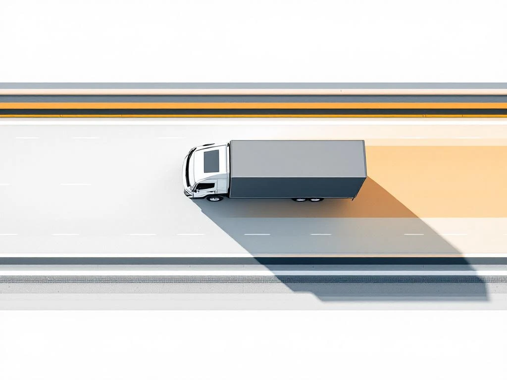 Moderne bezorgwagen op witte snelweg vanuit vogelperspectief met geometrische schaduw en minimalistische lijnen
