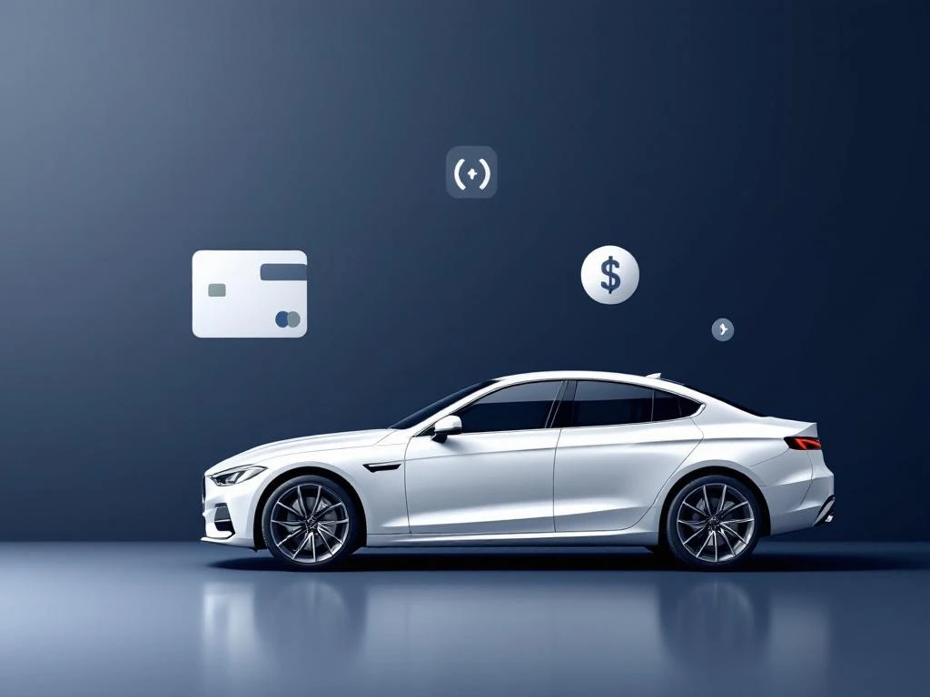 Witte zakenauto onder hoek met zwevende betaalsymbolen creditcard en contactloos betalen op marineblauw-grijze achtergrond