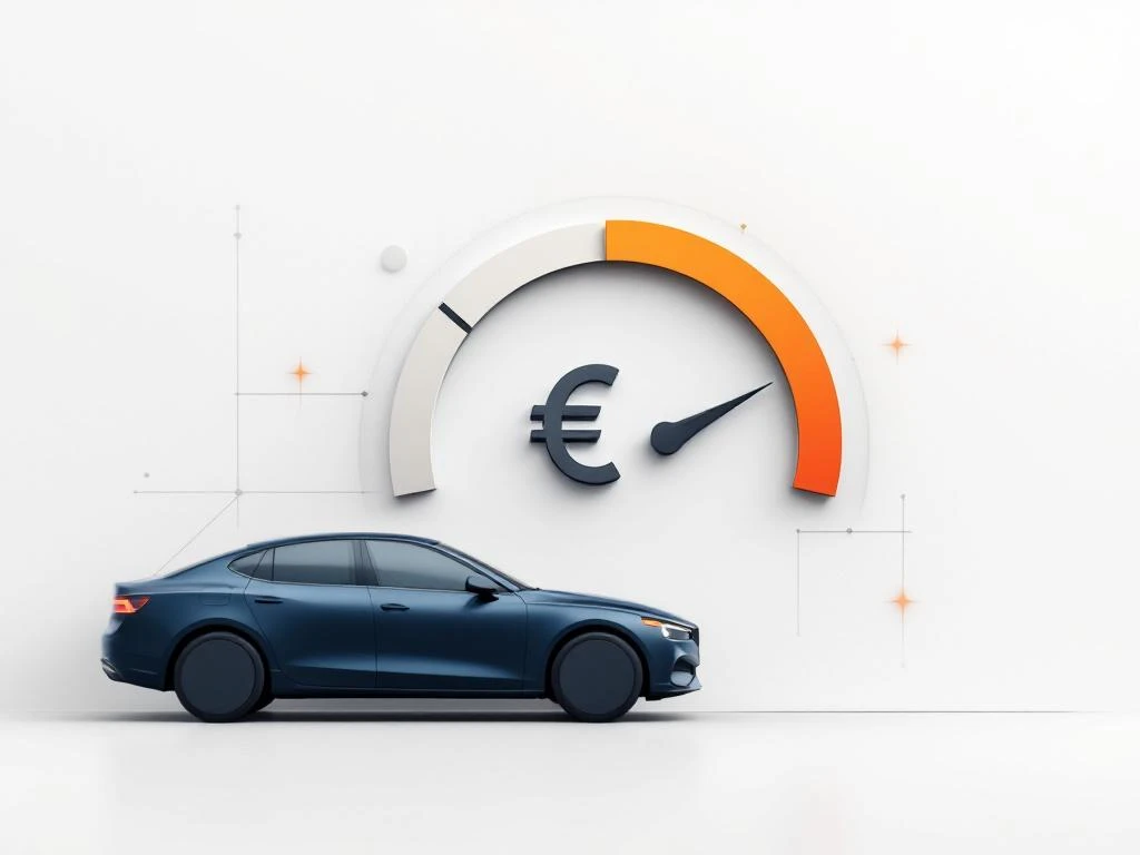 Moderne donkerblauwe auto silhouet met half gevulde brandstofmeter in oranje en euro symbool op witte achtergrond