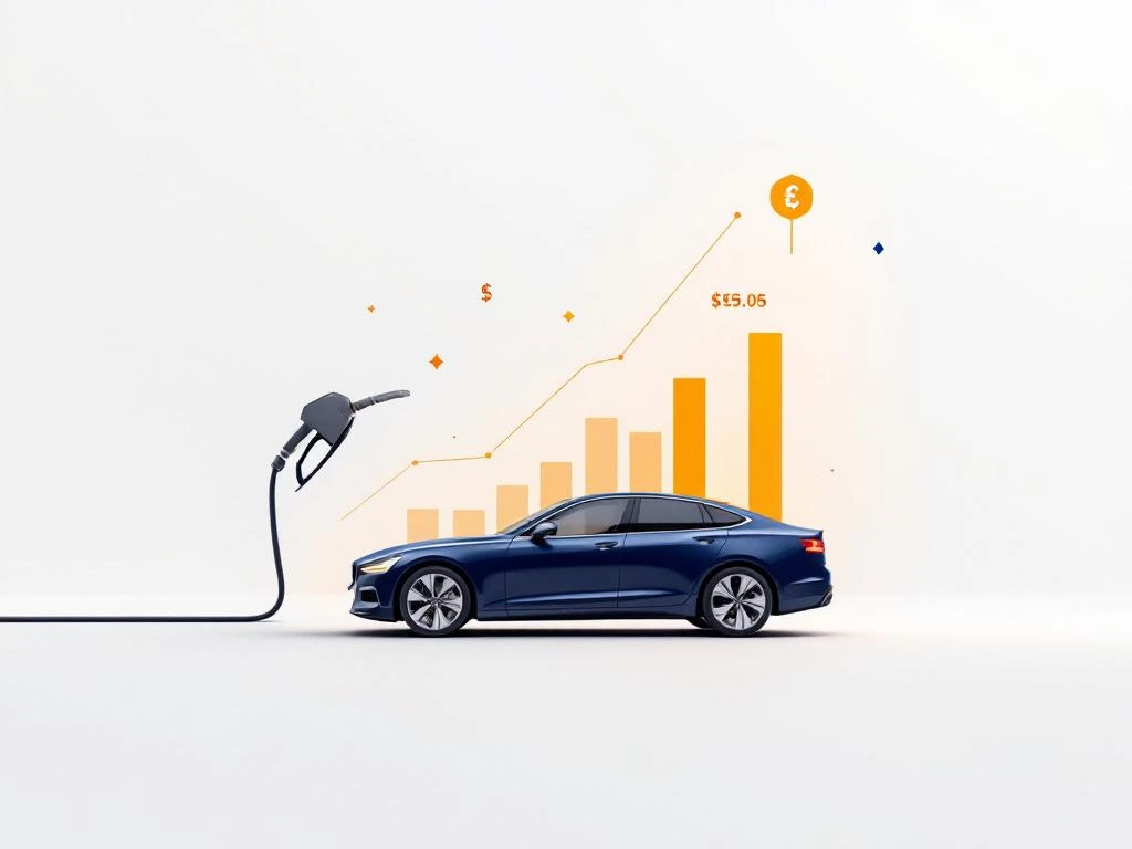 Moderne donkerblauwe auto met brandstofmeter die stijgende kosten toont, verbonden met tankpistool op witte achtergrond