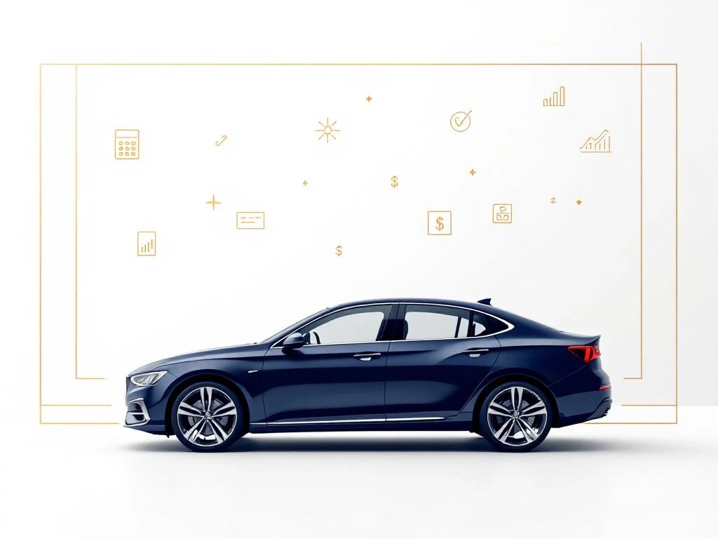 Navy blauwe auto silhouet omringd door financiële pictogrammen zoals rekenmachine en valutasymbolen op witte achtergrond