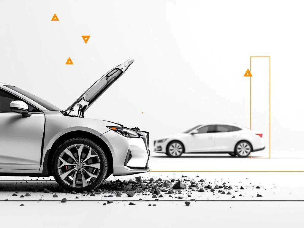 Kapotte bedrijfsauto met open motorkap en vervangende huurauto op witte achtergrond met oranje waarschuwingssymbolen