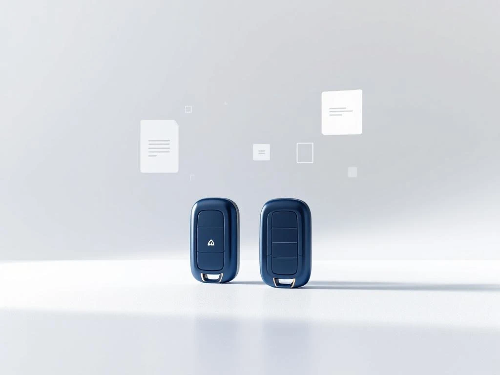 Twee donkerblauwe autosleutel silhouetten op witte ondergrond, verbonden door geometrische lijnen voor partnerschap concept