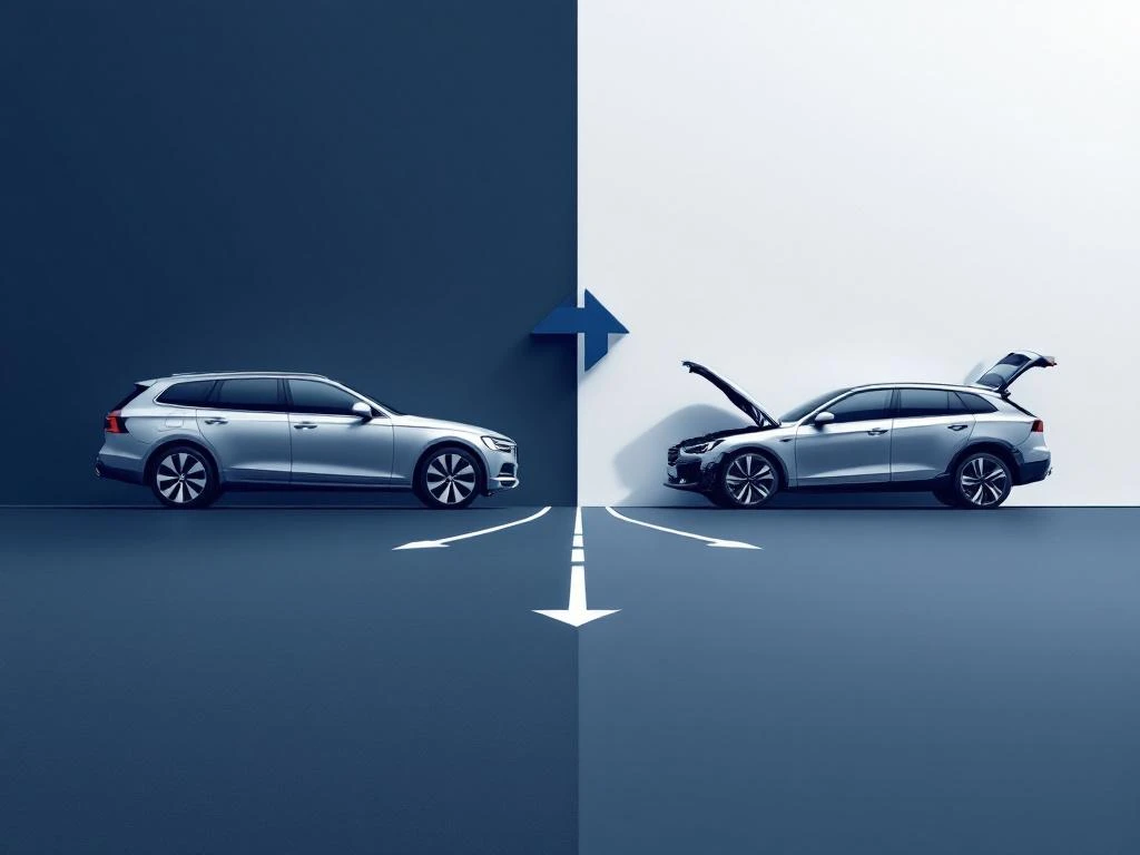 Twee auto's in contrast: zilveren bedrijfswagen links, kapotte auto met open motorkap rechts, verbonden door pijlen