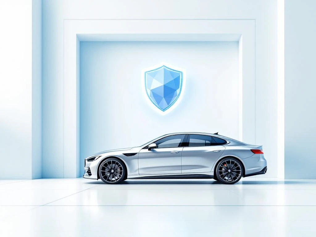 Zilveren zakenauto met zwevend beveiligingsschild symbool tegen witte achtergrond, professionele autobeveiliging