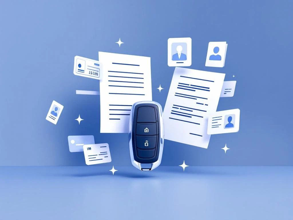 Autosleutel met rechthoekige sleutelhanger omringd door zwevende documenten en contracten in blauwe en witte kleuren