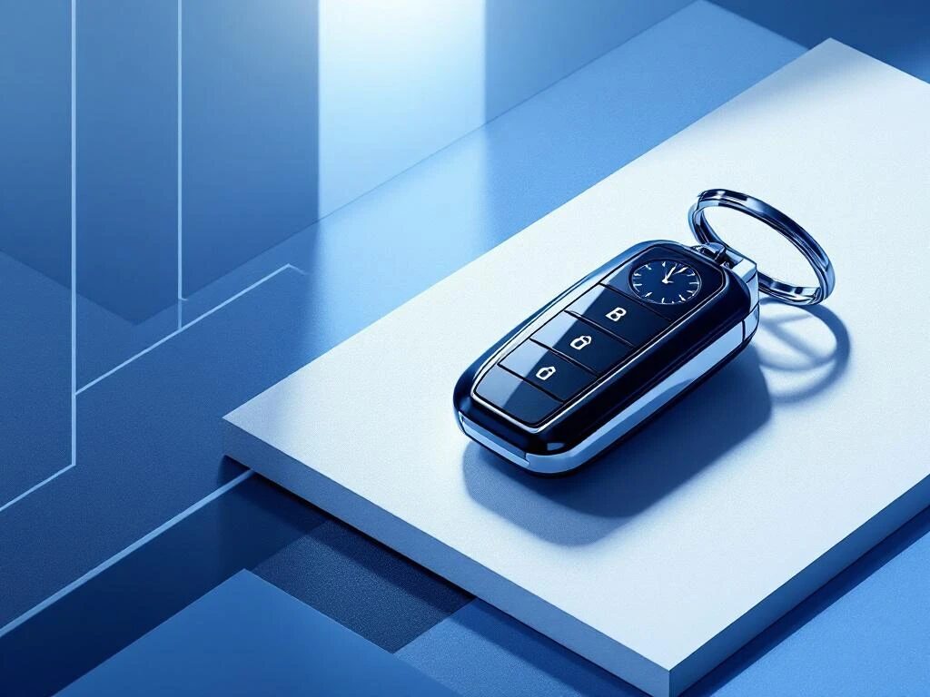 Moderne autosleutel met klokfunctie op blauwe geometrische achtergrond voor huurwagen timing concept