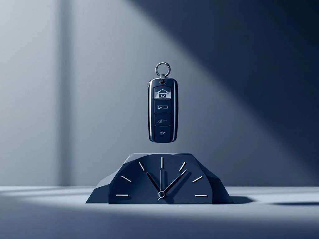 Moderne autosleutel zweeft boven geometrische klokelementen op marineblauw-grijze achtergrond, symboliseert flexibele timing