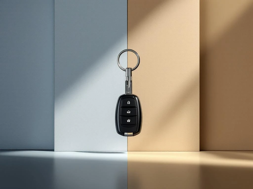 Autosleutel zweeft boven gesplitst scherm met kantooromgeving links en huiselijke setting rechts, symboliseert zakelijk en privégebruik