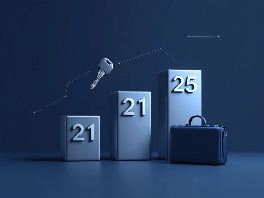 Moderne autosleutel zweeft boven leeftijdsblokken 18, 21, 25 naast zakelijke aktetas in marineblauw en zilver ontwerp