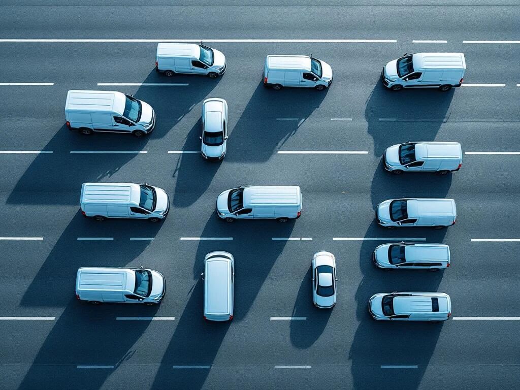Luchtfoto van moderne bedrijfsvoertuigen in geometrische formatie op asfalt, witte en zilveren bestelwagens in professionele opstelling