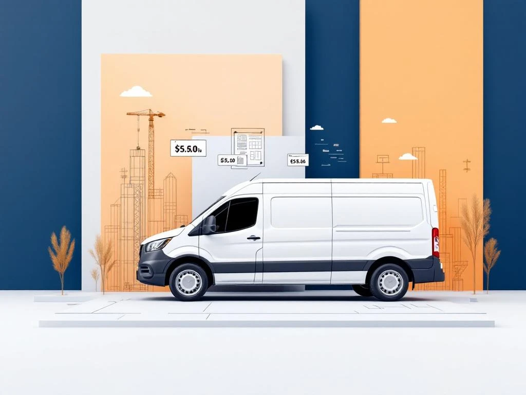 Witte bedrijfswagen onder hoek met blauw-oranje geometrische achtergrond en zwevende bouwplannen en kostenberekeningen