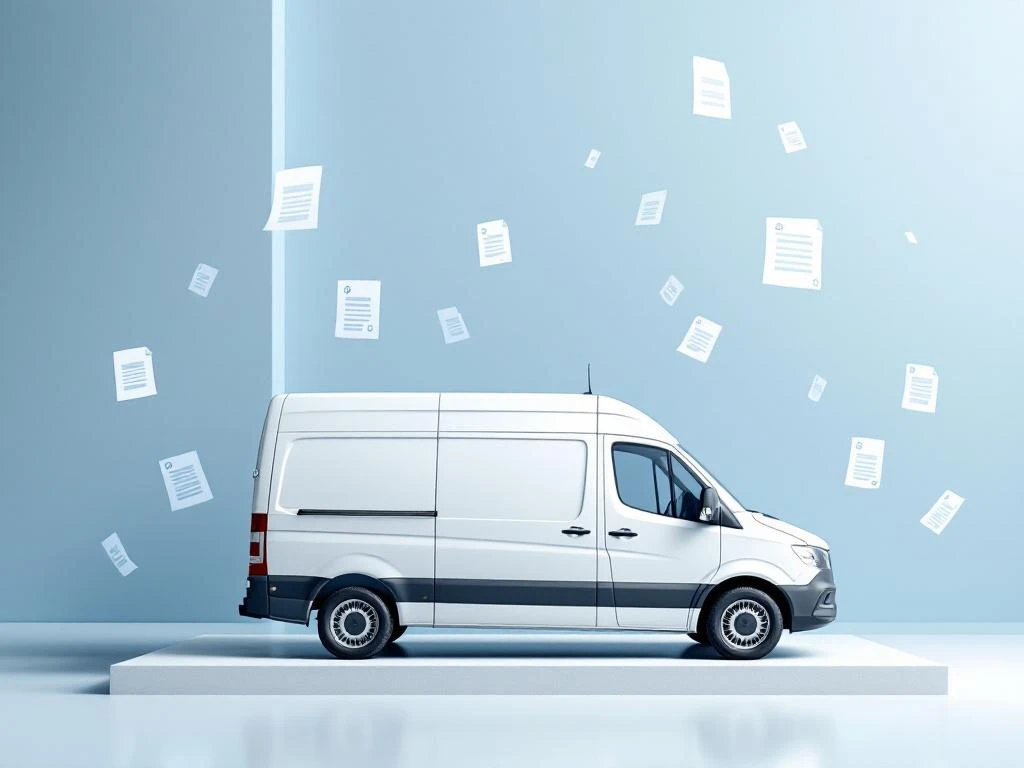 Witte bedrijfswagen op geometrische ondergrond omringd door zwevende documenten in blauw-grijze tinten