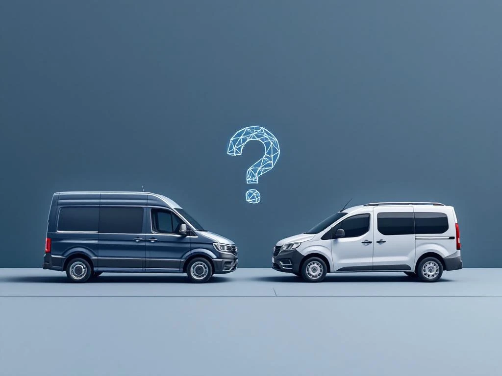 Bedrijfswagen en huurauto tegenover elkaar met vraagteken symbool ertussen op marineblauwe achtergrond