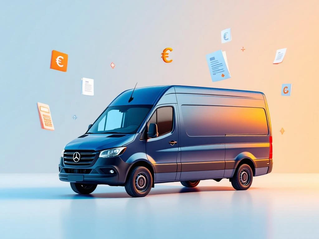 Donkerblauwe bedrijfsbusje met zwevende kostenberekening iconen in blauw en oranje tinten op witte achtergrond