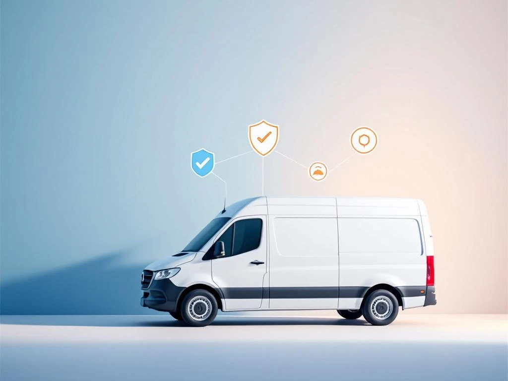 Witte bestelwagen met verzekeringsiconen en beschermingssymbolen op blauwe achtergrond voor zakelijke mobiliteit