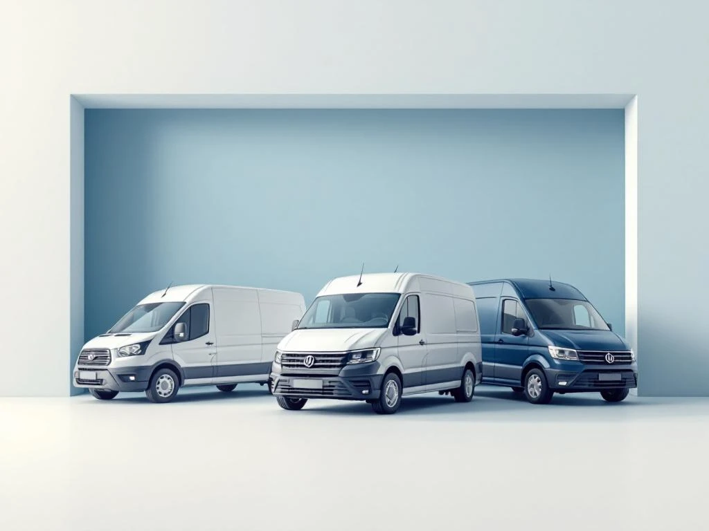 Drie commerciële bestelwagens in wit, zilver en donkerblauw gerangschikt in moderne geometrische formatie voor verhuurservice