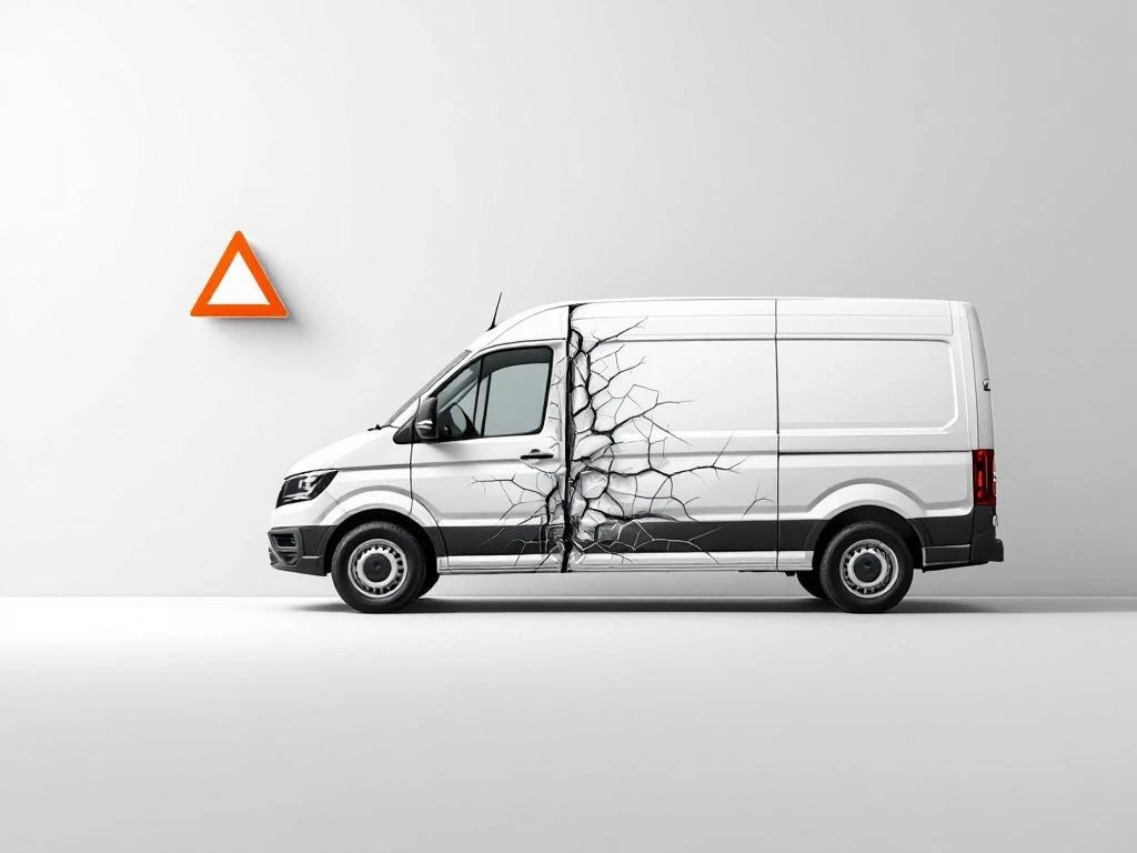 Beschadigde witte bestelwagen met deuken en krassen, waarschuwingsdriehoek zichtbaar, voor huurwagenindustrie