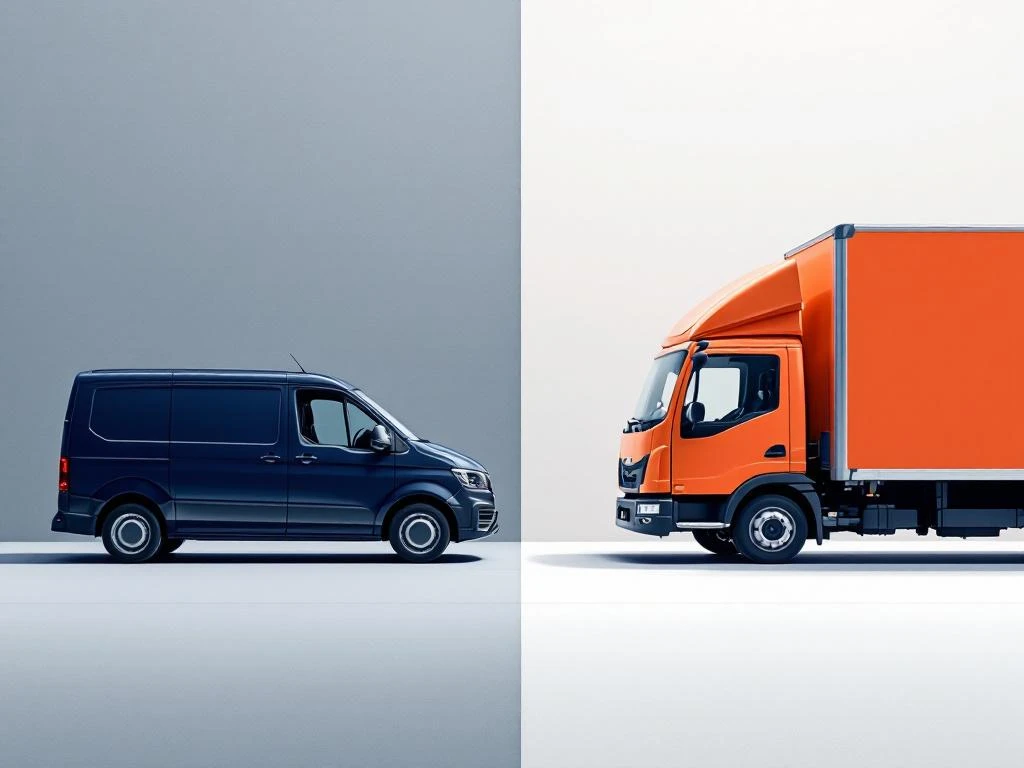 Vergelijking van donkerblauwe bestelbus en oranje bakwagen in minimalistische split-screen compositie op grijze achtergrond