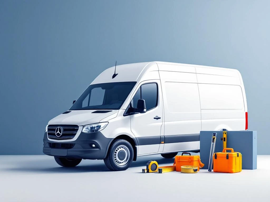 Witte bestelwagen met gereedschap zoals waterpas en meetlint voor doe-het-zelf projecten en leveringen