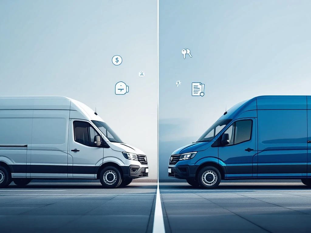 Twee bestelwagens in split-screen: links huurvoertuig met flexibiliteit iconen, rechts eigendomsvoertuig met sleutels en documenten