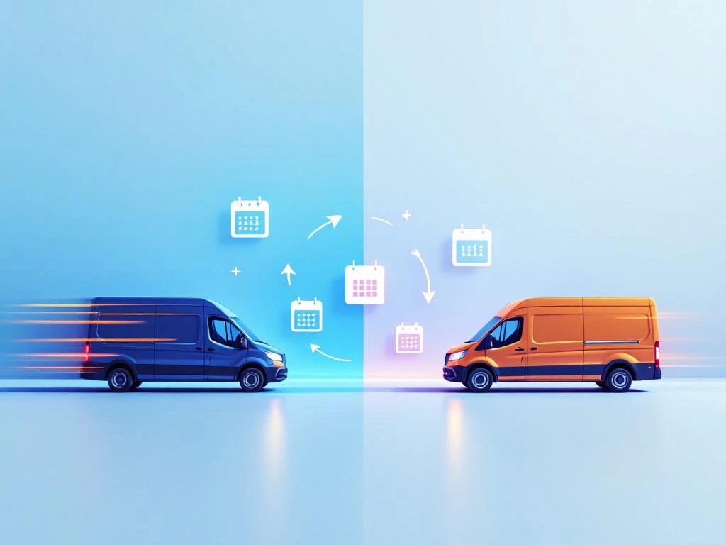 Twee bestelwagens vergelijken korte en lange termijn huur met kalender iconen en prijsvergelijking pijlen op witte achtergrond