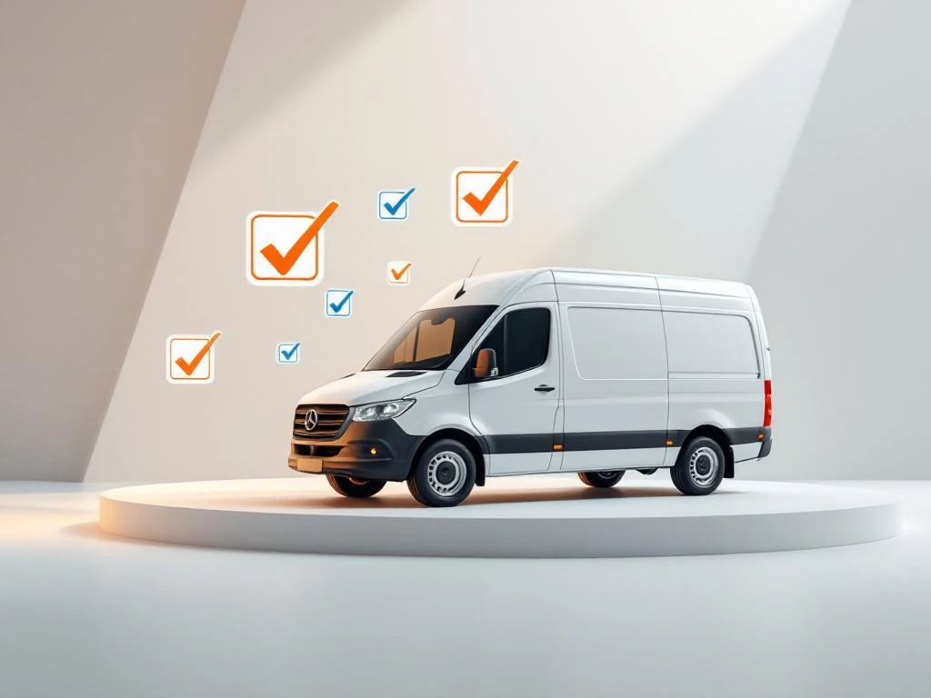 Witte bestelwagen met blauwe en oranje vinkjes eromheen, symboliseert betrouwbare voertuiginspectie van Van Gent