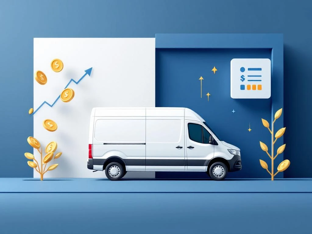 Witte bestelwagen met gouden munten en pijl omhoog, calculator icoon, blauwe en gouden accenten op geometrische achtergrond