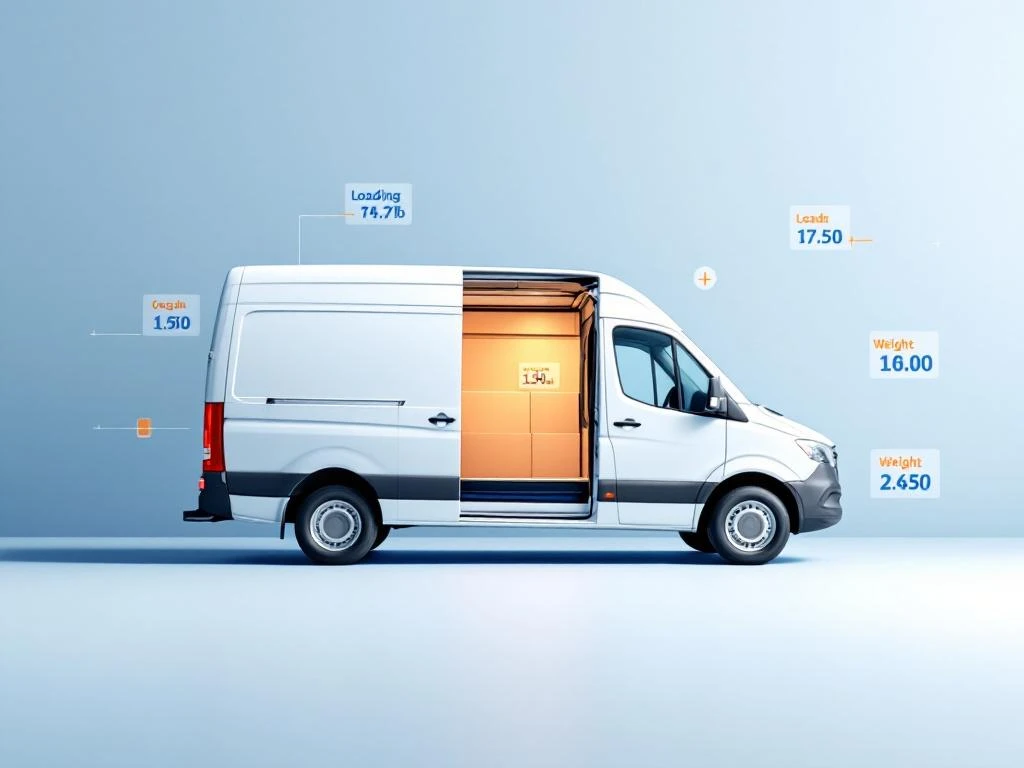 Witte bestelwagen met laadcapaciteit indicatoren en Van Gent merkstijl op blauwe achtergrond