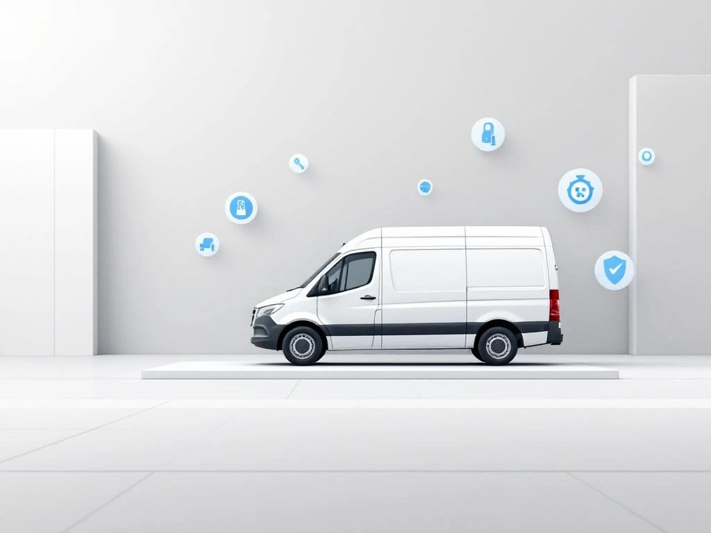 Witte bestelwagen op minimale achtergrond met zwevende service-iconen voor brandstof, sleutels, tijd en beveiliging