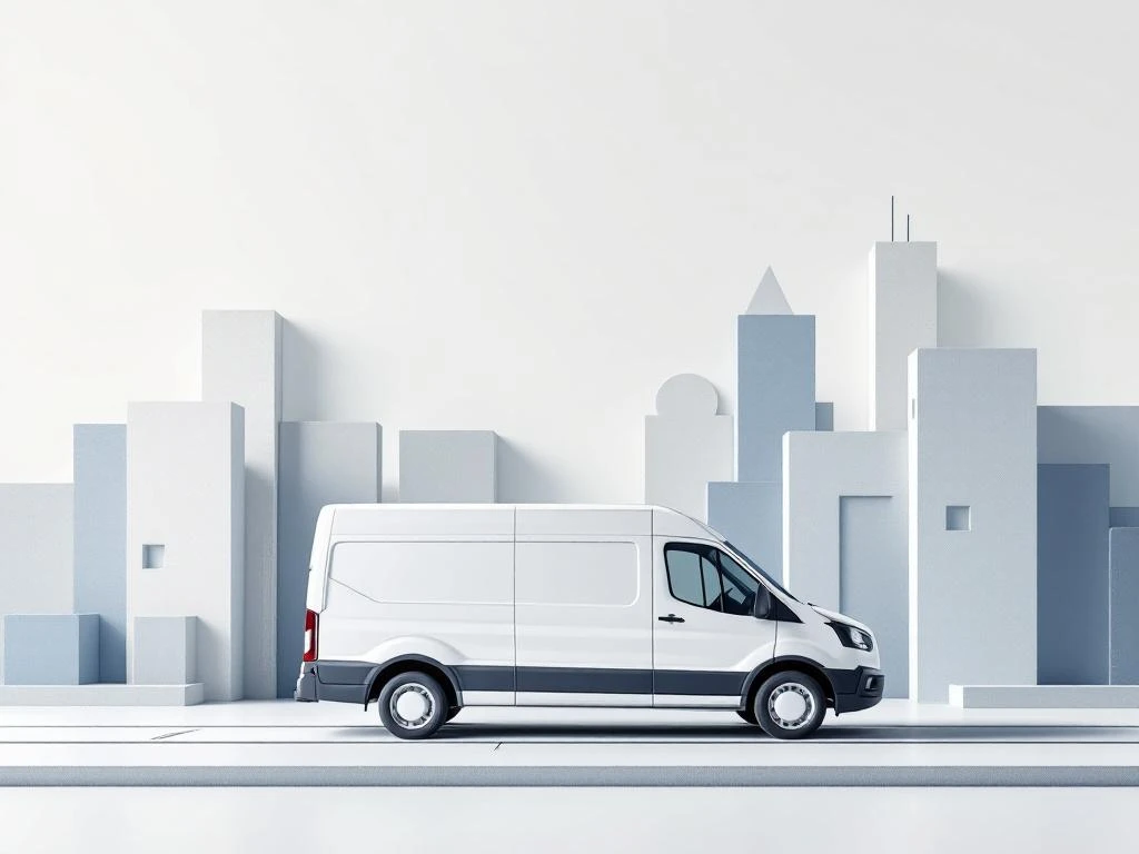 Witte bestelwagen op bouwplaats met geometrische achtergrond in minimalistische stijl met grijze en blauwe accenten