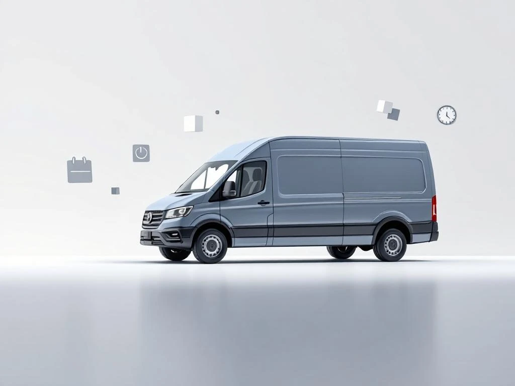 Moderne bestelwagen in blauwgrijs met zwevende kalender- en kloksymbolen op witte achtergrond voor reserveringsdienst