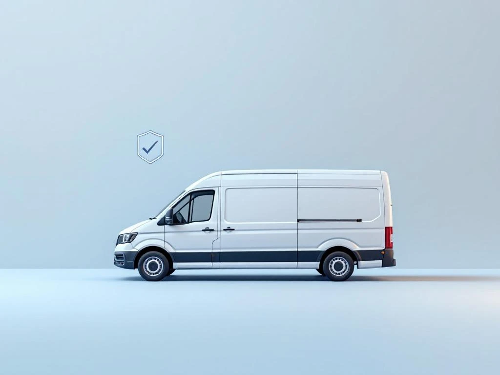 Witte bestelwagen onder hoek op blauwe achtergrond met vertrouwenssymbolen en certificatiebadges voor verhuurservice