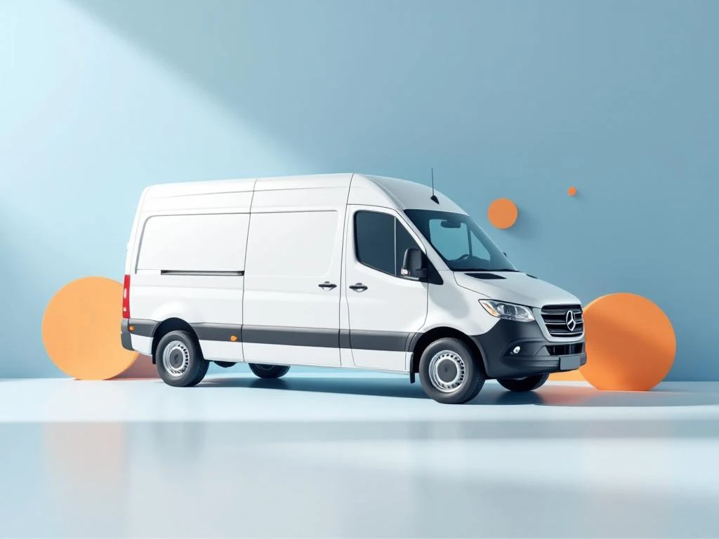 Witte bestelwagen op diagonale hoek met geometrische vormen op blauwe achtergrond voor voertuigverhuur